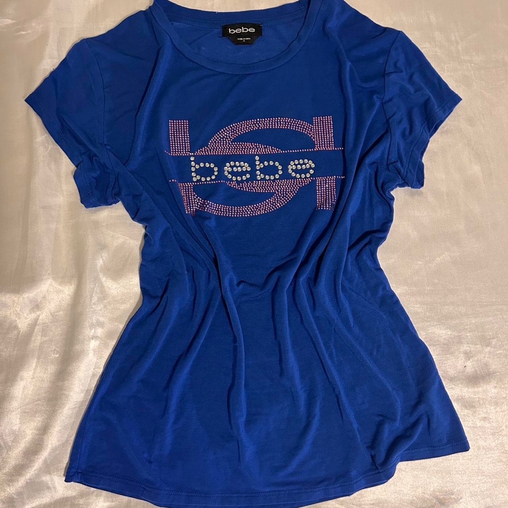bebe Royal Blue Rhinestone Logo Short Sleeve Tee